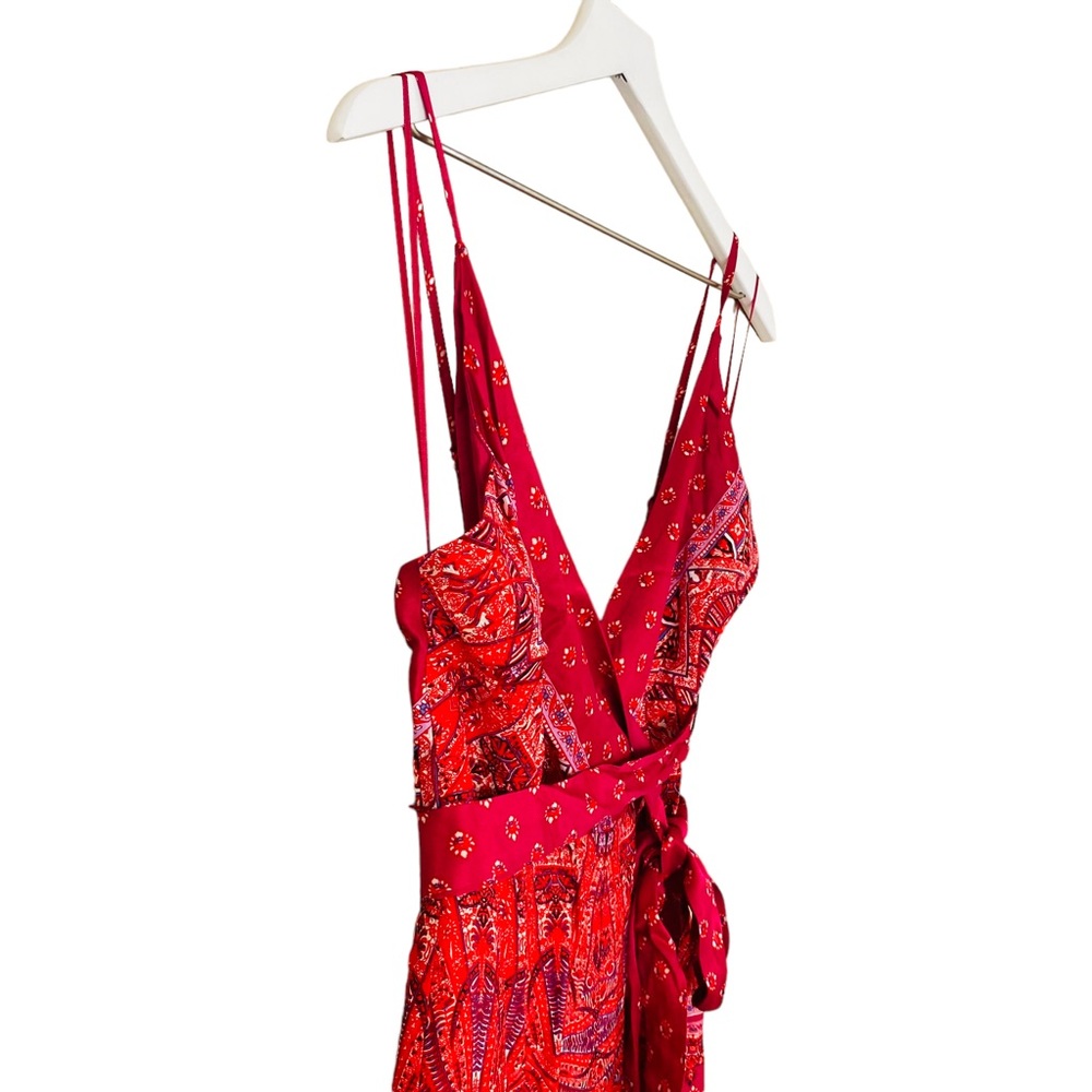 Free People Cabbage Rose Boho Wrap Top Waist Tie Satin Wide Leg Jumpsuit Size 2‎ - Picture 8 of 12
